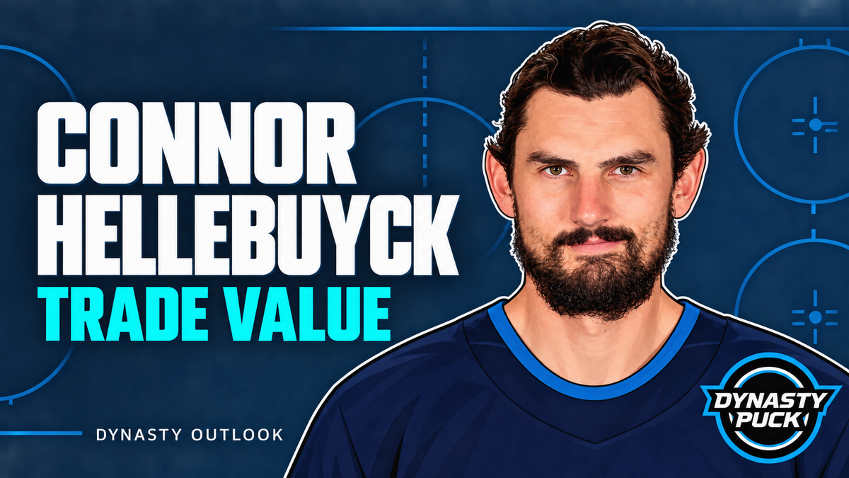 Cartoon Connor Hellebuyck portrait with Trade Value headline and Dynasty Puck logo