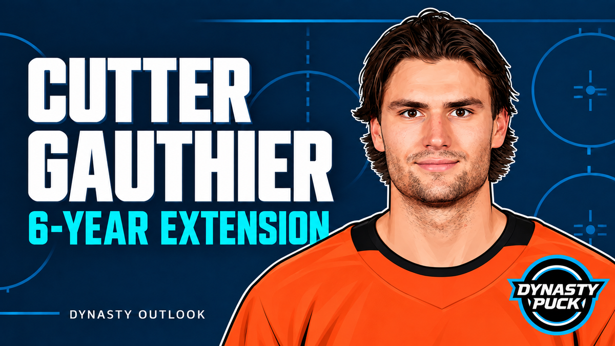 Cartoon portrait of Cutter Gauthier with six-year extension headline and Dynasty Puck logo