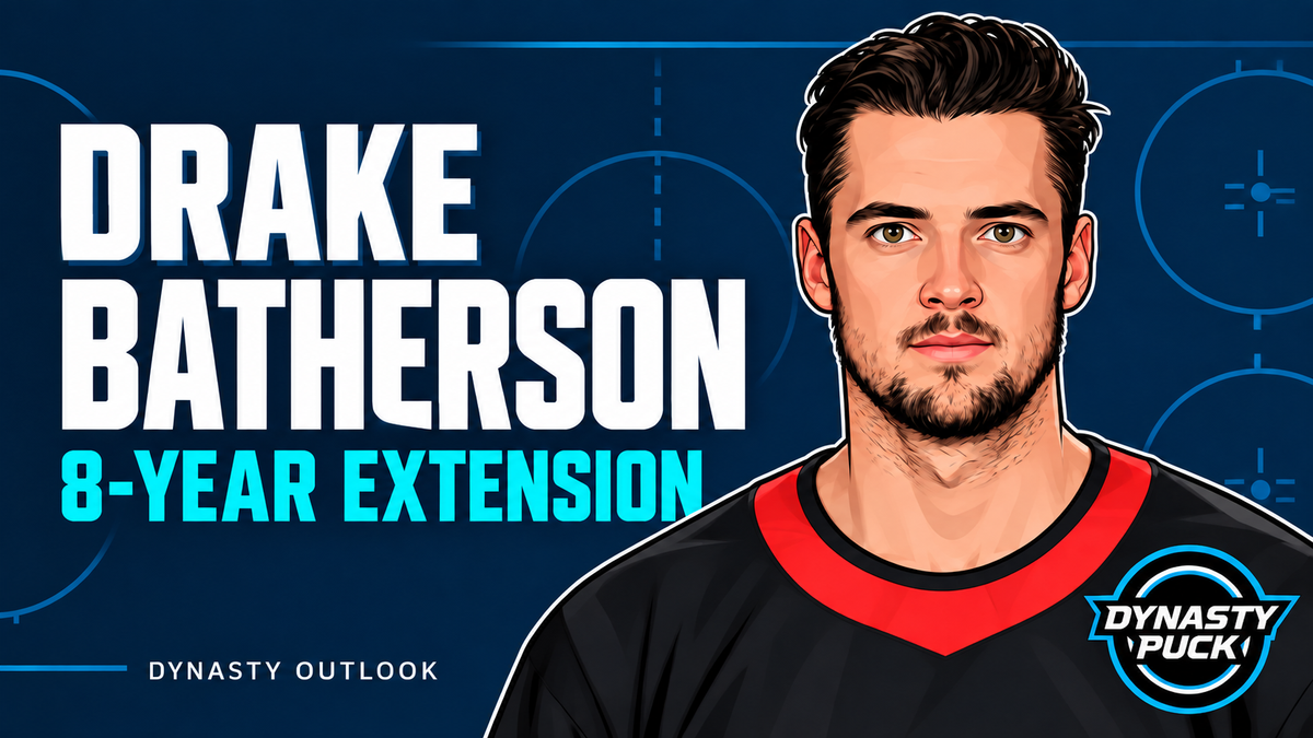 Cartoon portrait of Drake Batherson with eight-year extension headline and Dynasty Puck logo