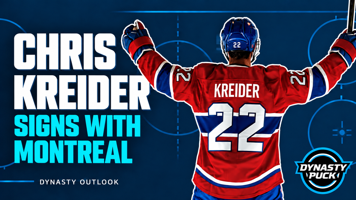 Chris Kreider in a Montreal jersey with signs with Montreal headline and Dynasty Puck logo
